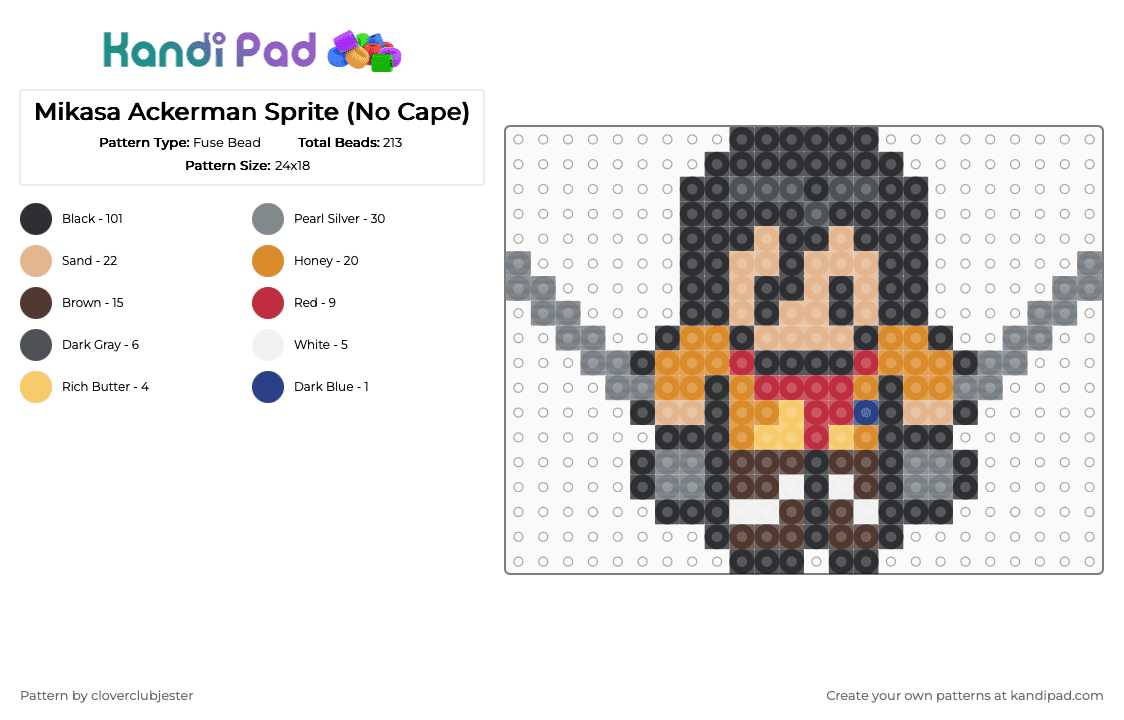 Mikasa Ackerman Sprite (No Cape) - Fuse Bead Pattern by cloverclubjester on Kandi Pad - black,gray,beige,orange,colorful