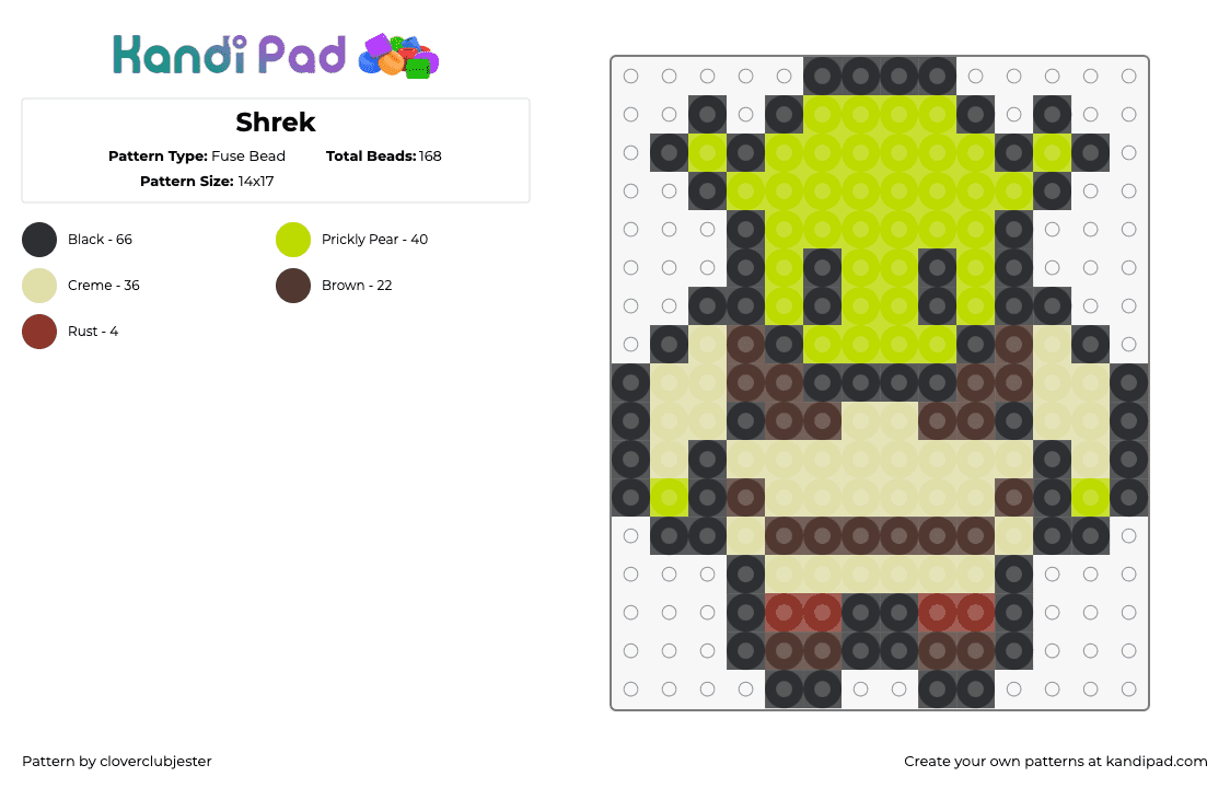 Shrek - Fuse Bead Pattern by cloverclubjester on Kandi Pad - shrek,ogre,character,animation,movie,dreamworks,green,beige,brown