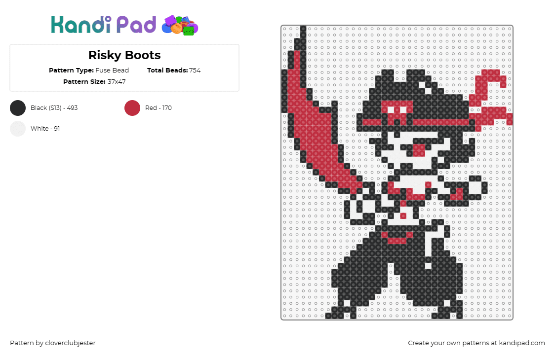 Risky Boots - Fuse Bead Pattern by cloverclubjester on Kandi Pad - risky boots,shantae,pirate,character,video game,sword,weapon,black,red