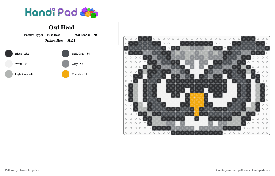 Owl Head Template - Fuse Bead Pattern by cloverclubjester on Kandi Pad - gray