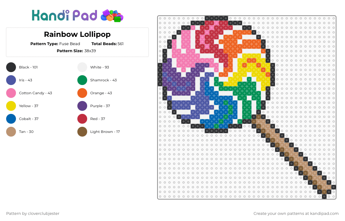 Rainbow Lollipop - Fuse Bead Pattern by cloverclubjester on Kandi Pad - purple,blue,pink,orange,colorful