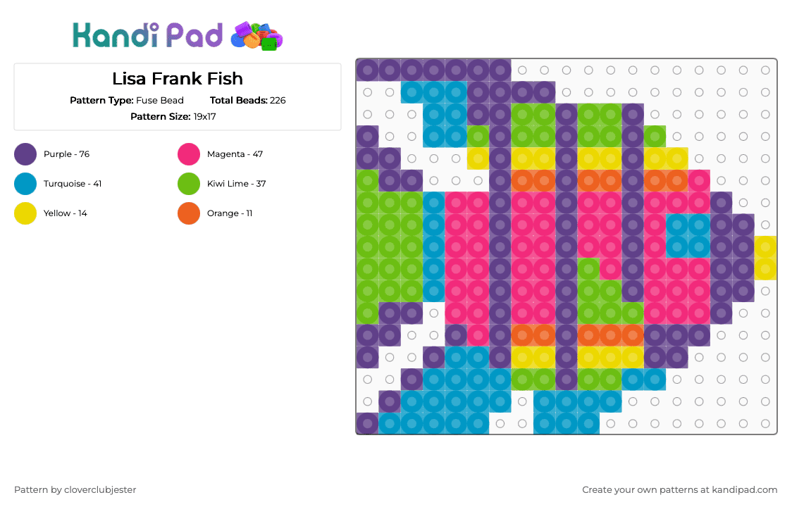 Lisa Frank Fish - Fuse Bead Pattern by cloverclubjester on Kandi Pad - purple,light blue,green,pink