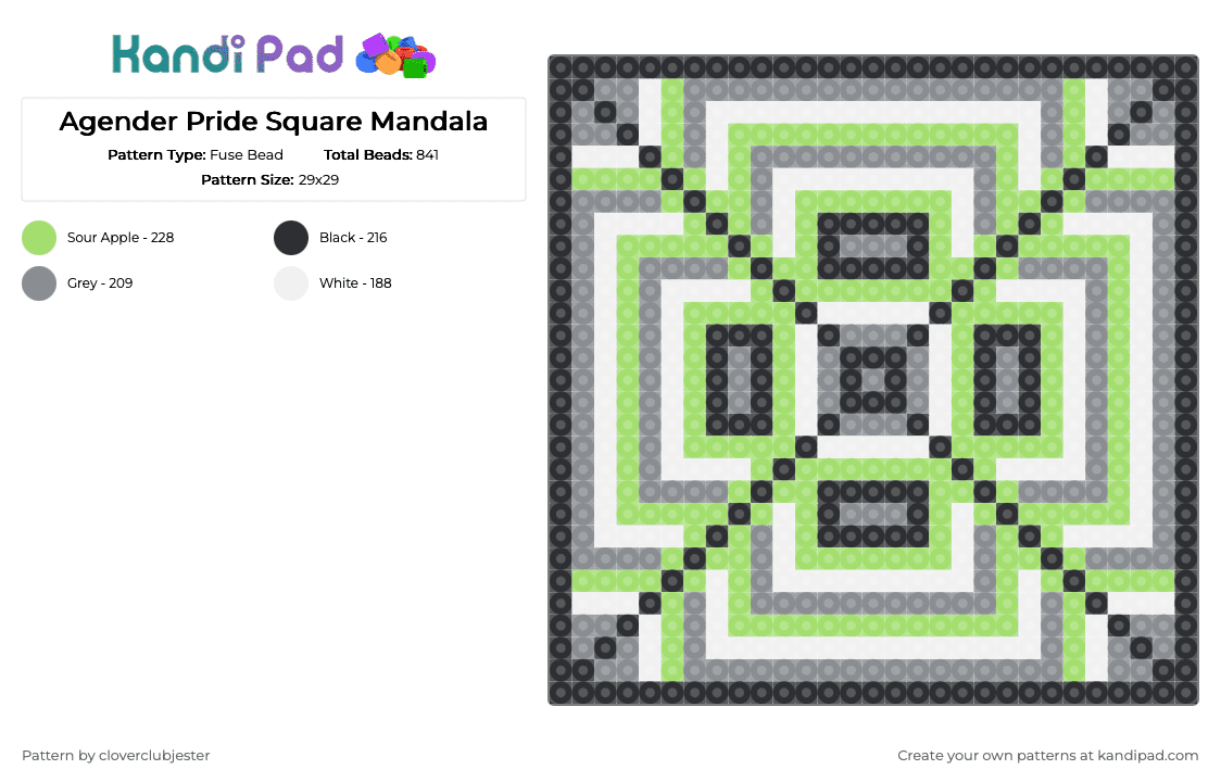 Agender Pride Square Mandala - Fuse Bead Pattern by cloverclubjester on Kandi Pad - gray,green