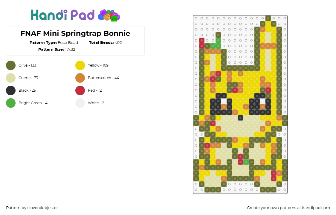 FNAF Mini Springtrap Bonnie - Fuse Bead Pattern by cloverclubjester on Kandi Pad - bonnie,springtrap,fnaf,five nights at freddys,video game,teddy,character,horror,