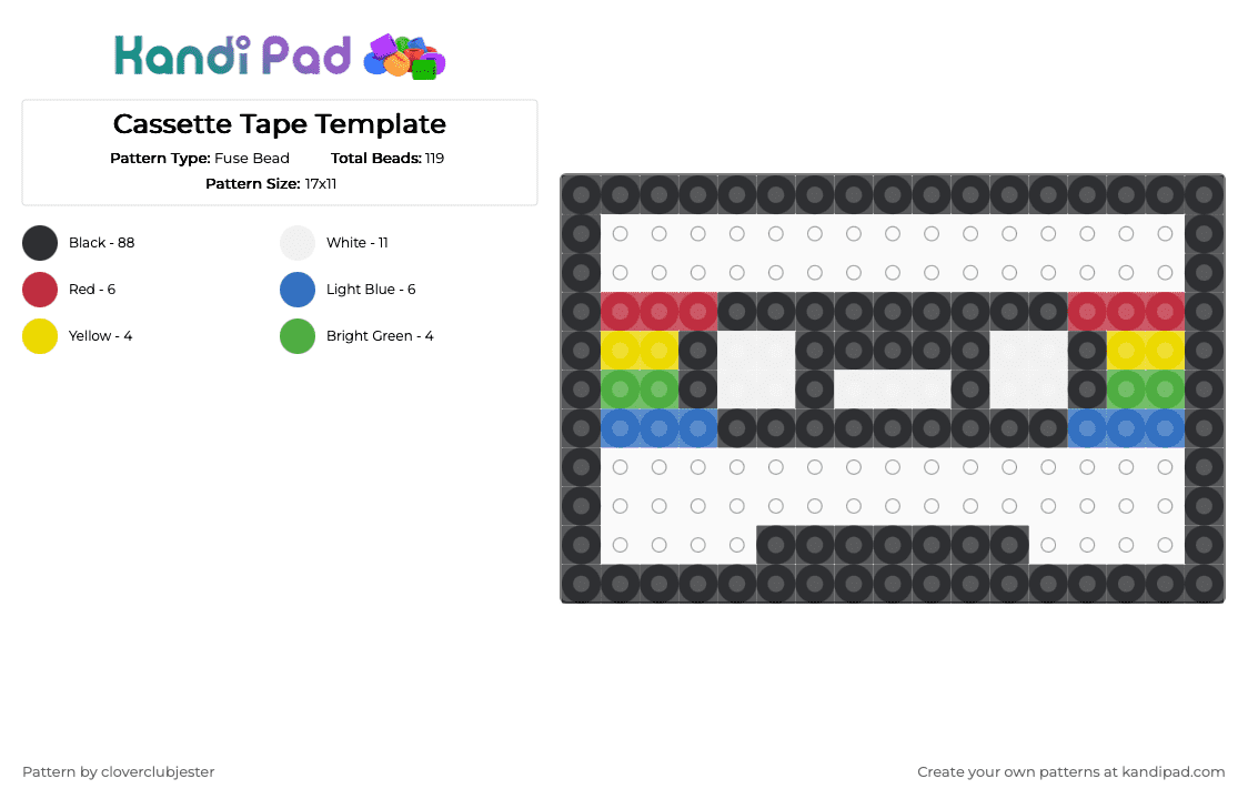 Cassette Tape Template - Fuse Bead Pattern by cloverclubjester on Kandi Pad - black,red,blue