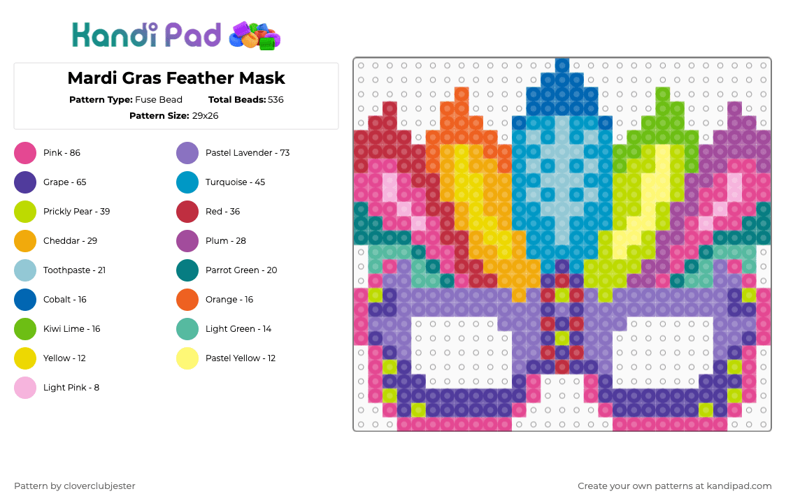 Mardi Gras Feather Mask - Fuse Bead Pattern by cloverclubjester on Kandi Pad - mardi gras,feathers,mask,neon,festival,light blue,pink,colorful