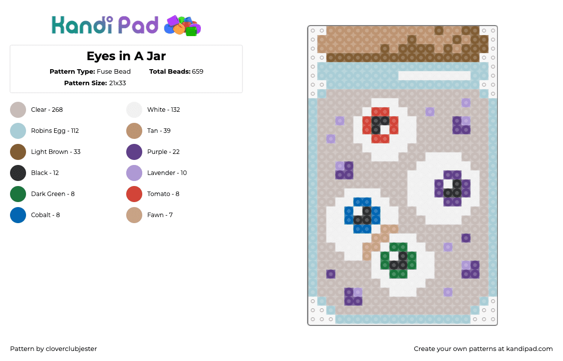 Eyes in A Jar - Fuse Bead Pattern by cloverclubjester on Kandi Pad - eyeballs,jar,spooky,horror,creepy,halloween,white,beige,purple,blue