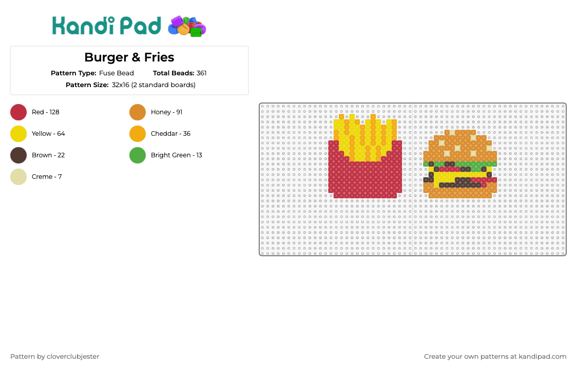 Burger & Fries - Fuse Bead Pattern by cloverclubjester on Kandi Pad - hamburger,fries,food,mcdonalds,red,yellow,tan