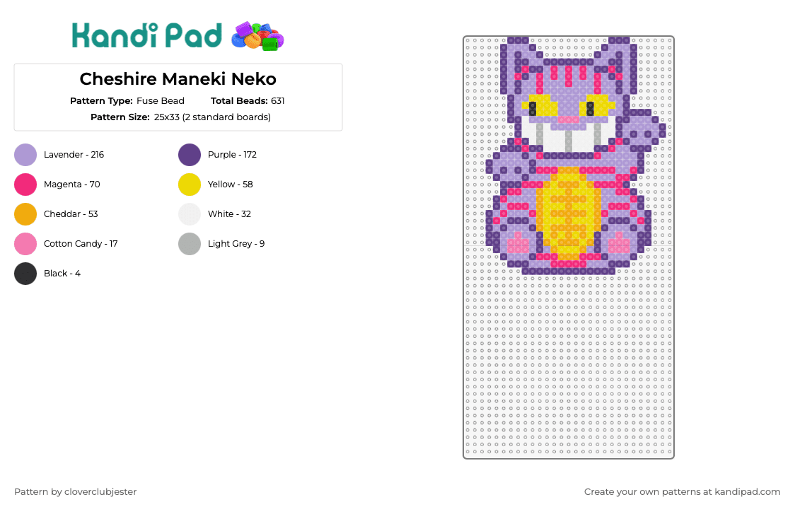 Cheshire Maneki Neko - Fuse Bead Pattern by cloverclubjester on Kandi Pad - maneki neko,cheshire,cat,luck,alice in wonderland,mashup,gold,purple