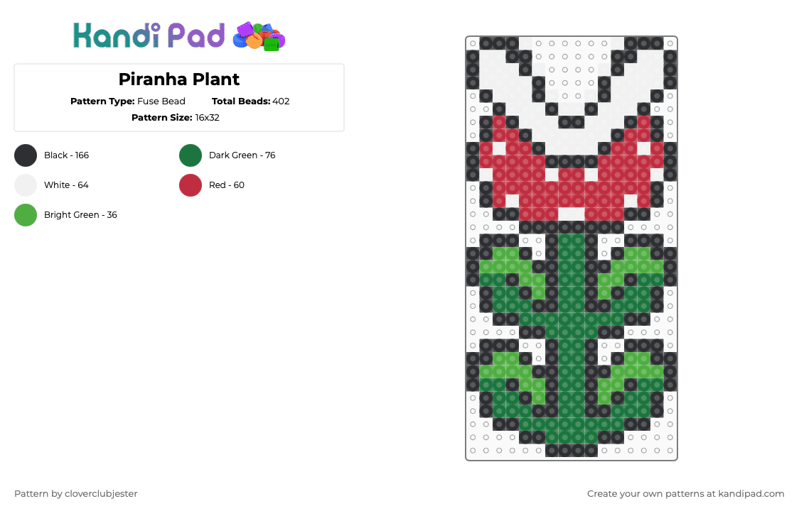 Piranha Plant - Fuse Bead Pattern by cloverclubjester on Kandi Pad - red,green