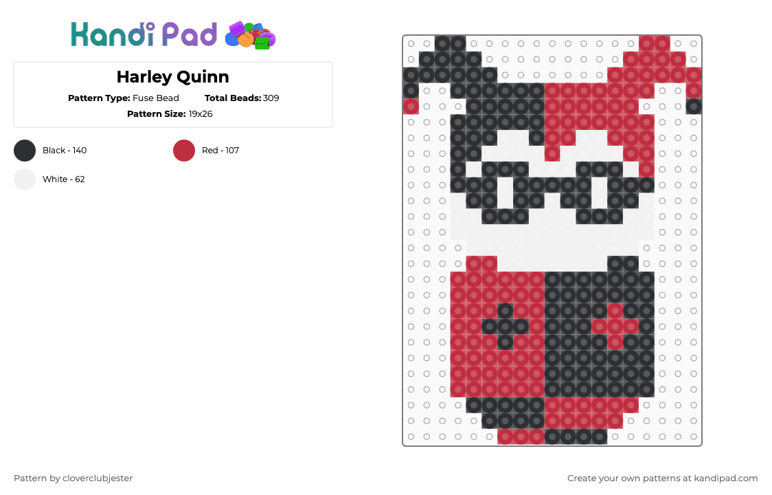 Harley Quinn - Fuse Bead Pattern by cloverclubjester on Kandi Pad - red,white