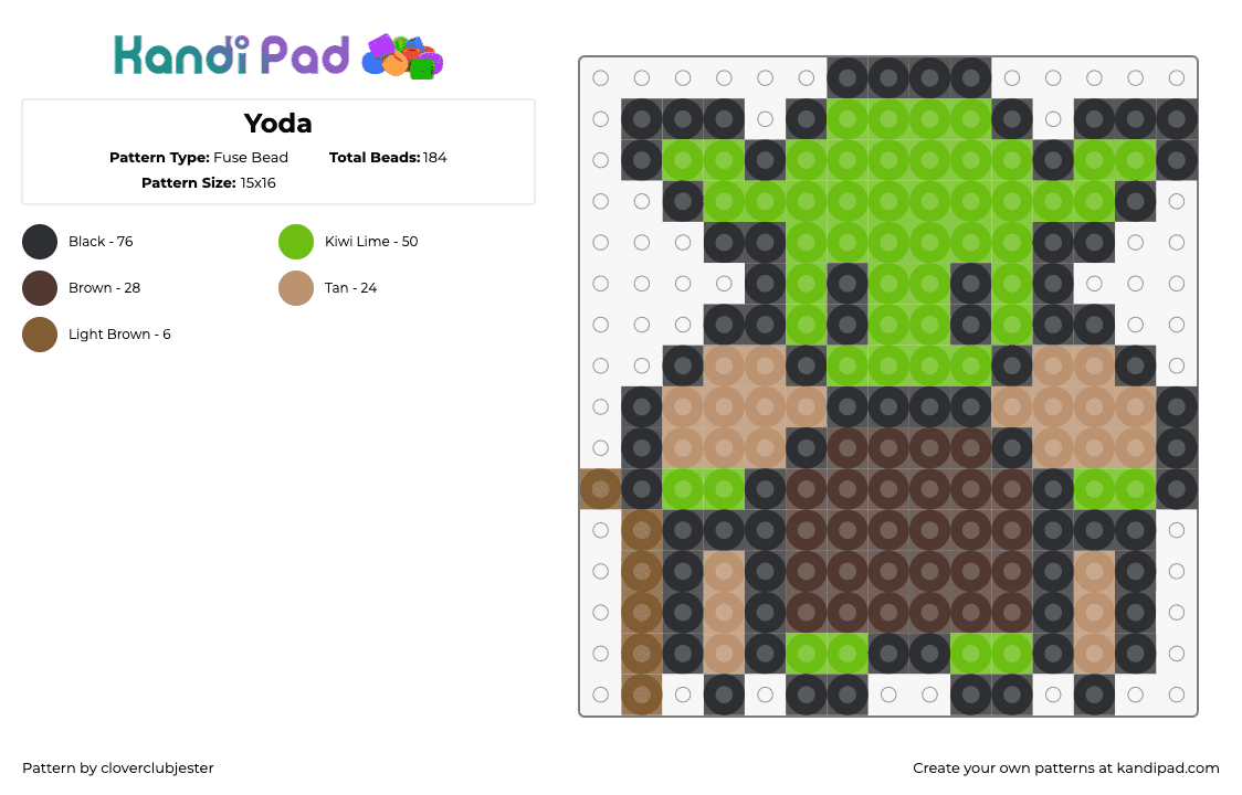 Yoda - Fuse Bead Pattern by cloverclubjester on Kandi Pad - yoda,star wars,chibi,jedi,character,scifi,movie,green,tan,brown