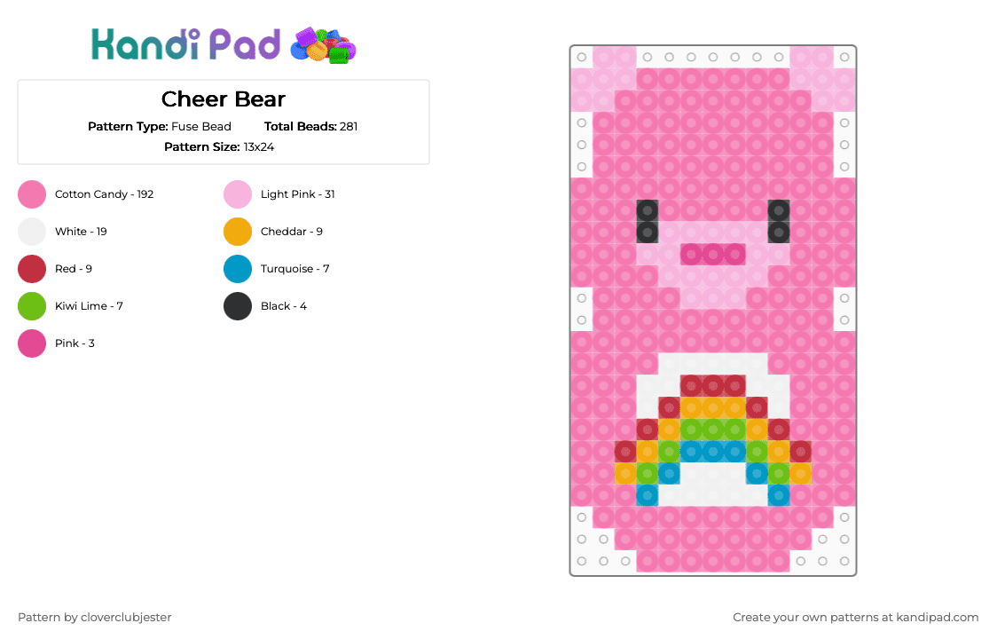 Cheer Bear - Fuse Bead Pattern by cloverclubjester on Kandi Pad - pink