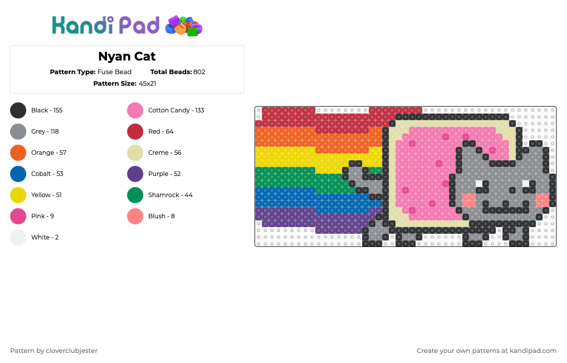 Nyan Cat - Fuse Bead Pattern by cloverclubjester on Kandi Pad - gray,red,yellow,pink