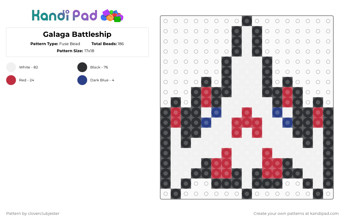 Galaga Battleship - Fuse Bead Pattern by cloverclubjester on Kandi Pad - white,red