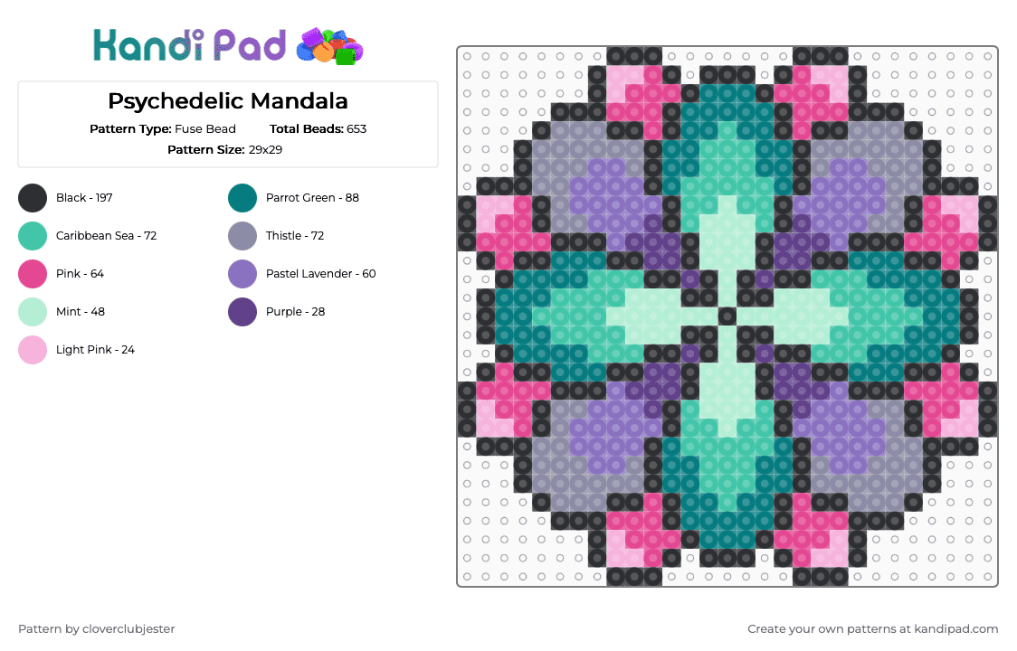 Psychedelic Mandala - Fuse Bead Pattern by cloverclubjester on Kandi Pad - teal,gray,pink