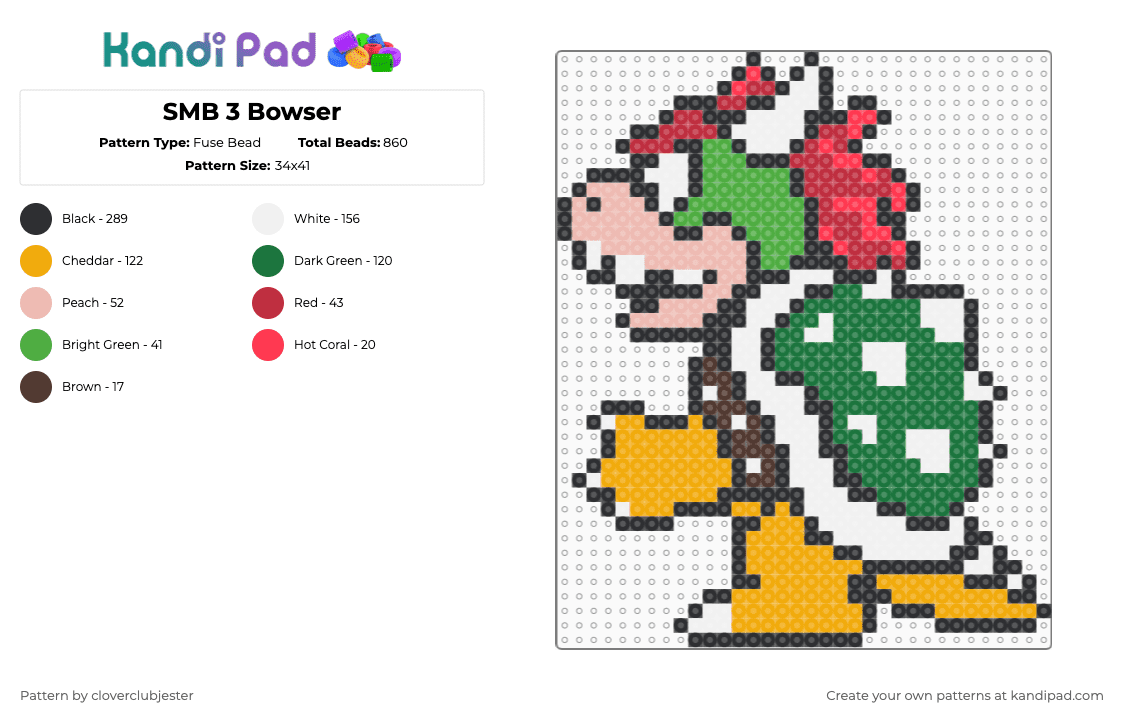 SMB 3 Bowser - Fuse Bead Pattern by cloverclubjester on Kandi Pad - orange,green