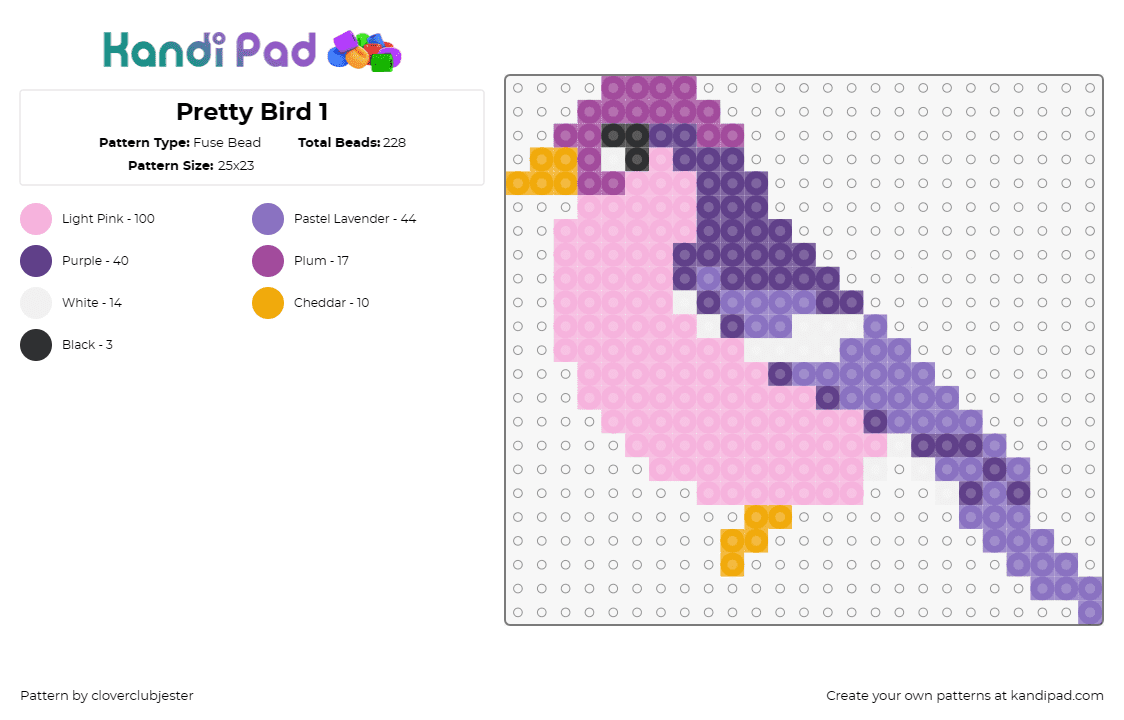 Pretty Bird 1 - Fuse Bead Pattern by cloverclubjester on Kandi Pad - bird,animal,winged,simple,pink,purple