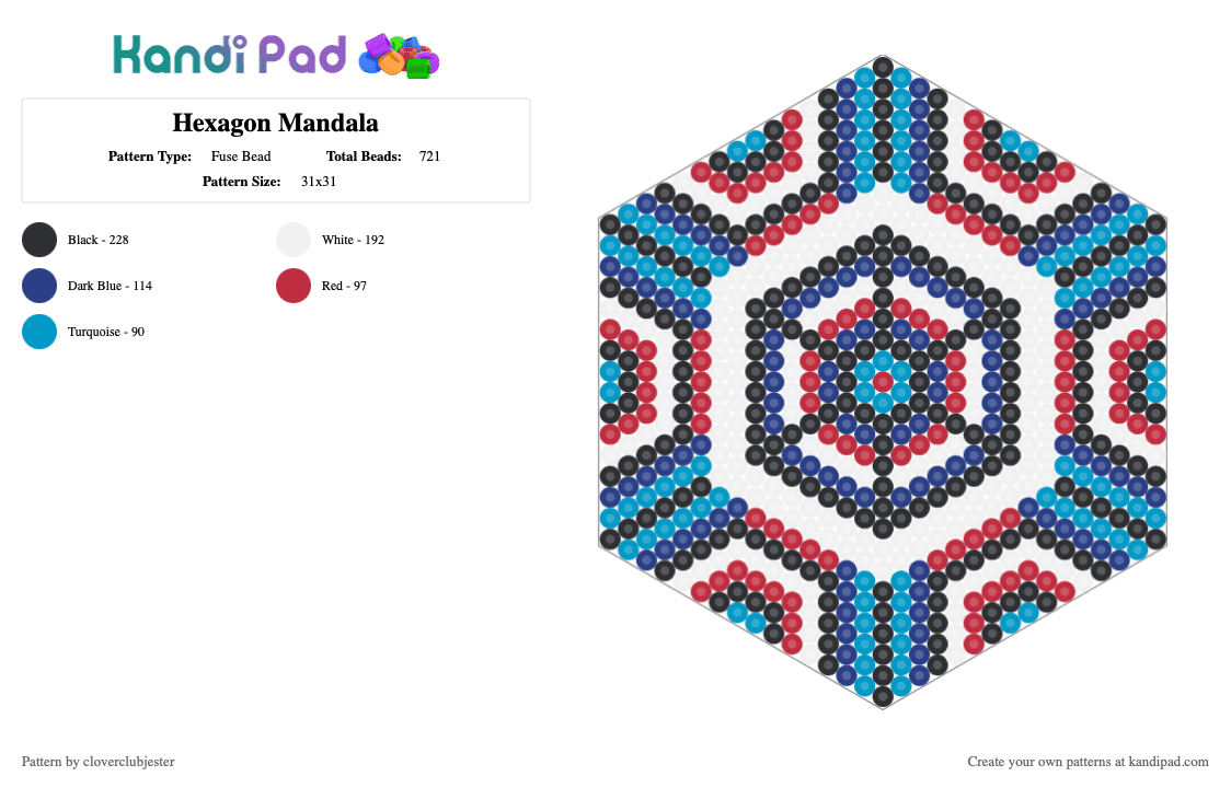 Hexagon Mandala - Fuse Bead Pattern by cloverclubjester on Kandi Pad - red,blue
