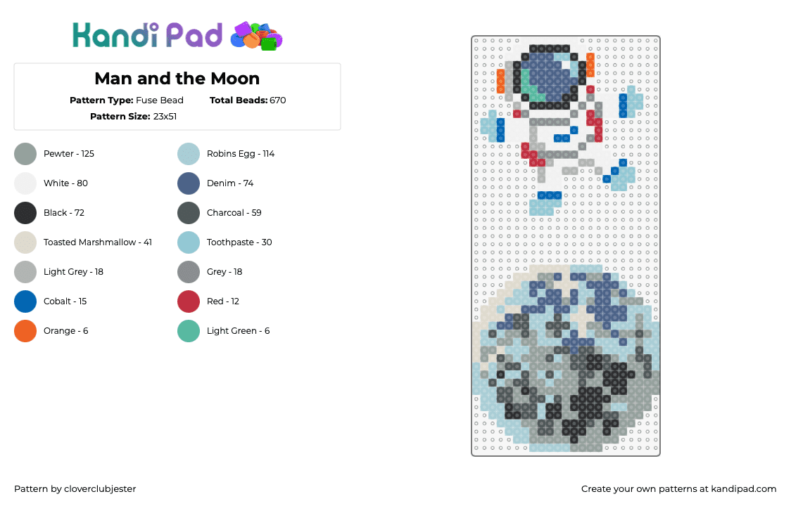 Man and the Moon - Fuse Bead Pattern by cloverclubjester on Kandi Pad - astronaut,space,moon,cute,gray,white,blue