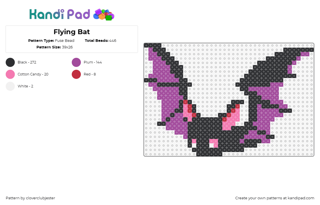 Flying Bat - Fuse Bead Pattern by cloverclubjester on Kandi Pad - bat,winged,animal,bird,vampire,halloween,cute,purple,black