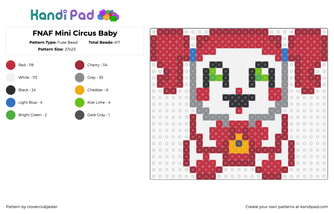 FNAF Mini Circus Baby - Fuse Bead Pattern by cloverclubjester on Kandi Pad - circus baby,fnaf,five nights at freddys,video game,cute,horror,white,red