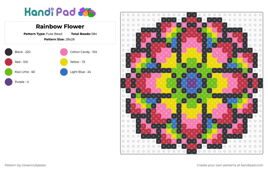 Rainbow Flower - Fuse Bead Pattern by cloverclubjester on Kandi Pad - green,yellow,pink,red