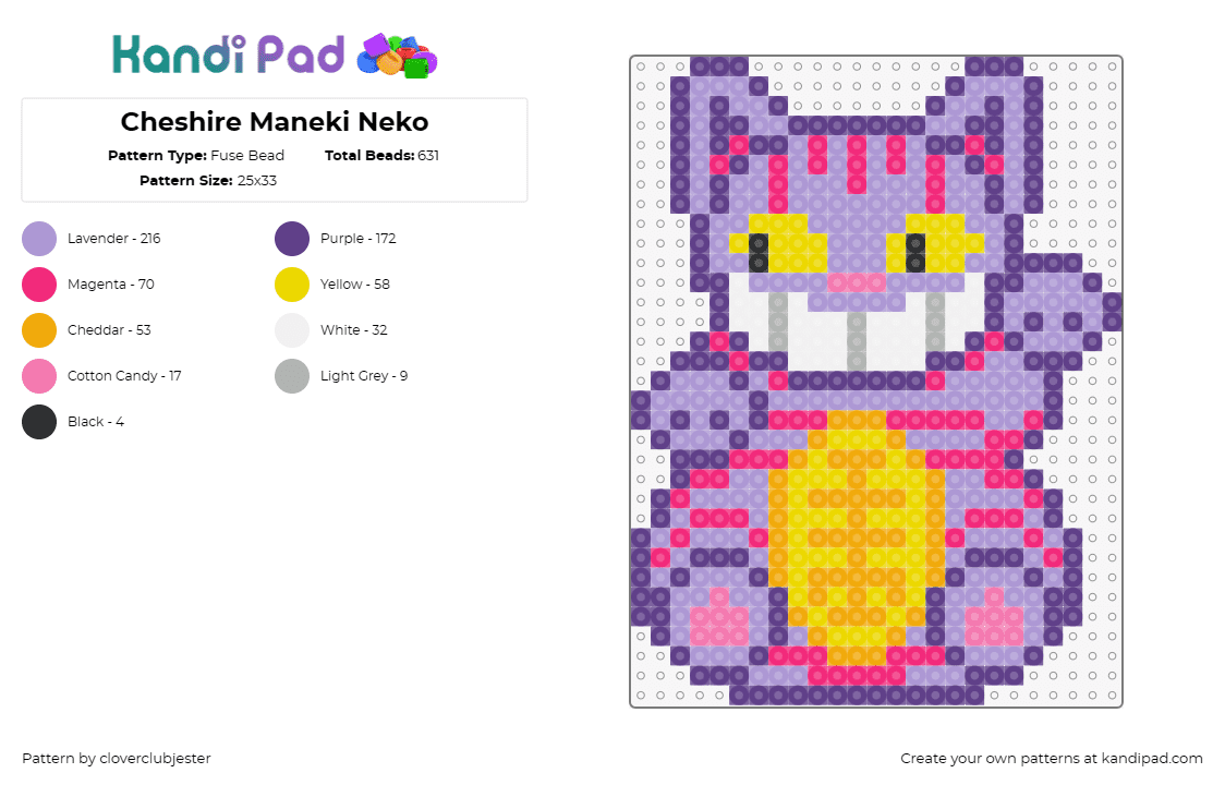 Cheshire Maneki Neko - Fuse Bead Pattern by cloverclubjester on Kandi Pad - maneki neko,cheshire,cat,luck,alice in wonderland,mashup,gold,purple