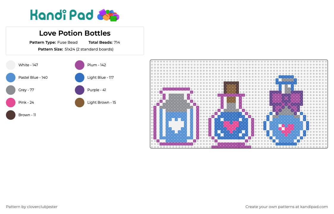 Love Potion Bottles - Fuse Bead Pattern by cloverclubjester on Kandi Pad - potions,love,hearts,bottle,vial,valentine,magic,light blue,pink