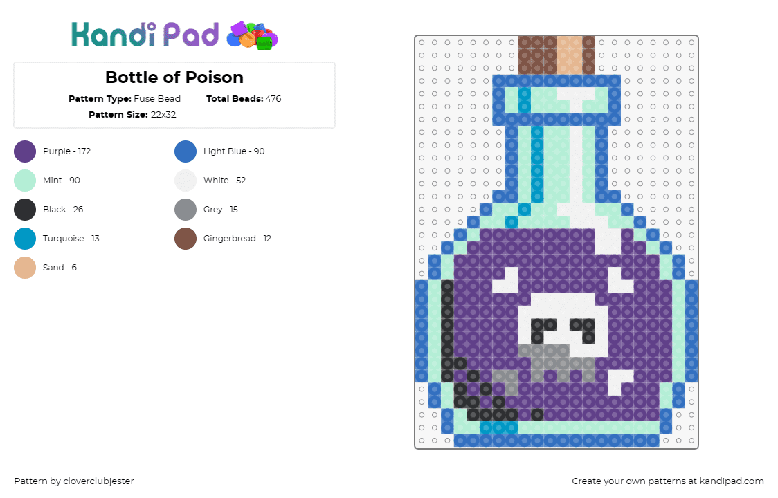 Bottle of Poison - Fuse Bead Pattern by cloverclubjester on Kandi Pad - poison,potion,toxic,skull,jar,cork,purple,light blue