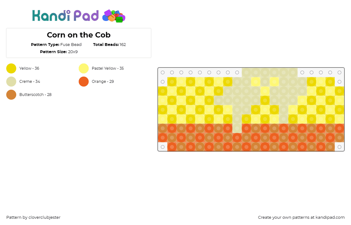 Corn on the Cob - Fuse Bead Pattern by cloverclubjester on Kandi Pad - corn,butter,food,dinner,yellow,orange