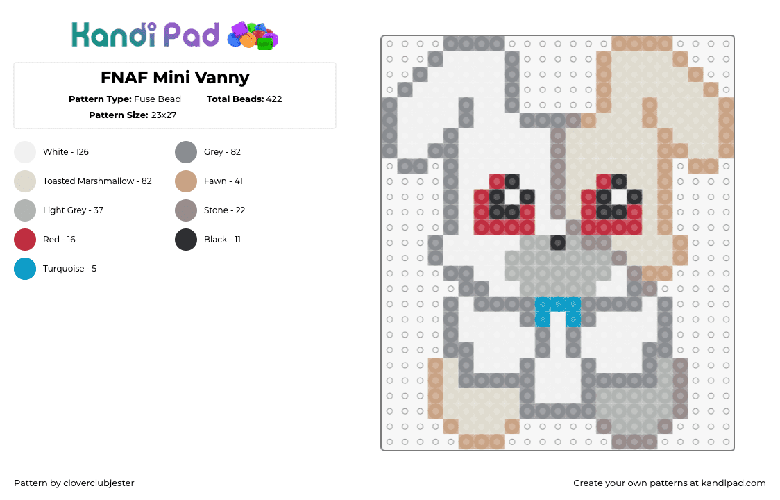 FNAF Mini Vanny - Fuse Bead Pattern by cloverclubjester on Kandi Pad - vanny,fnaf,five nights at freddys,plush,character,white,gray,beige