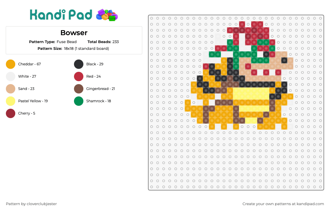Bowser - Fuse Bead Pattern by cloverclubjester on Kandi Pad - bowser,mario,villain,nintendo,character,video game,yellow,red