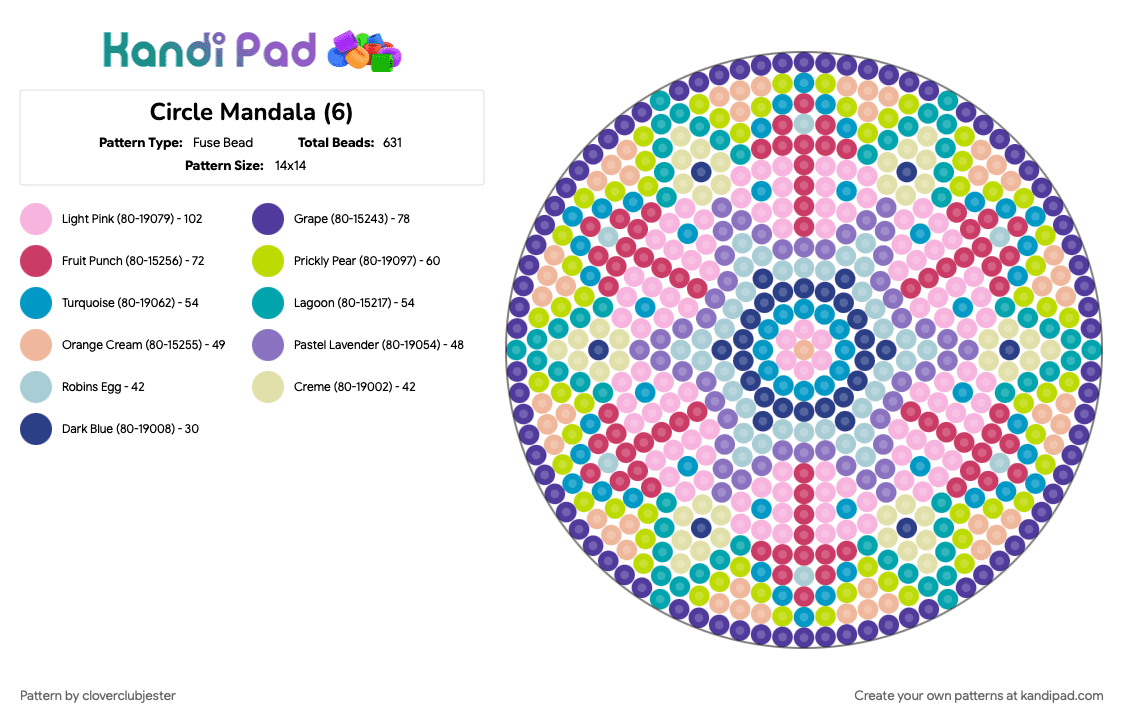 Circle Mandala (6) - Fuse Bead Pattern by cloverclubjester on Kandi Pad - blue, light blue, pink, purple