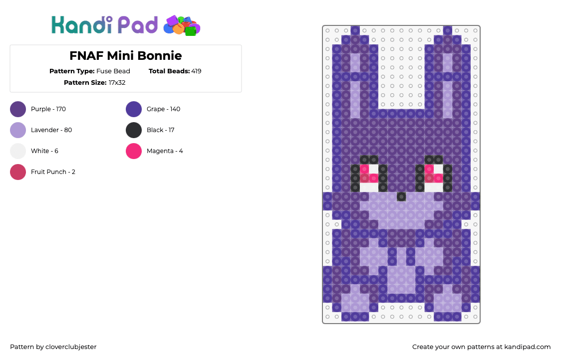 FNAF Mini Bonnie - Fuse Bead Pattern by cloverclubjester on Kandi Pad - bonnie,fnaf,five nights at freddys,video game,teddy,cute,character,horror,purple