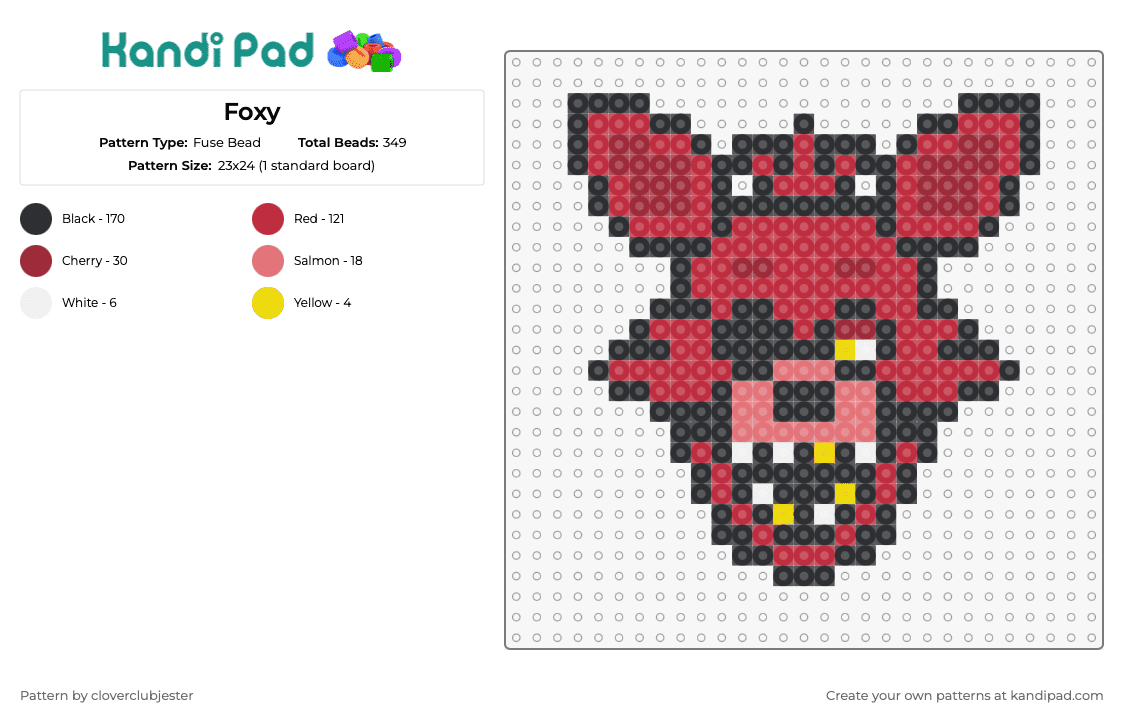 Foxy - Fuse Bead Pattern by cloverclubjester on Kandi Pad - foxy,fnaf,five nights at freddys,video game,character,horror,red