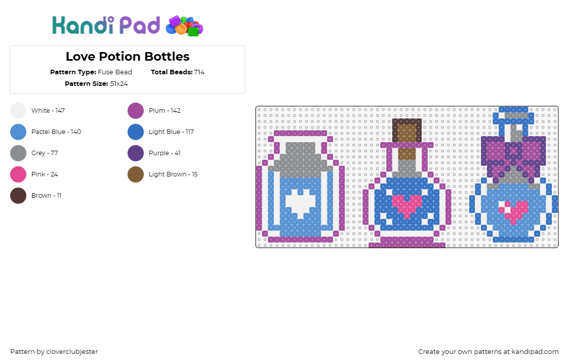 Love Potion Bottles - Fuse Bead Pattern by cloverclubjester on Kandi Pad - potions,love,hearts,bottle,vial,valentine,magic,light blue,pink