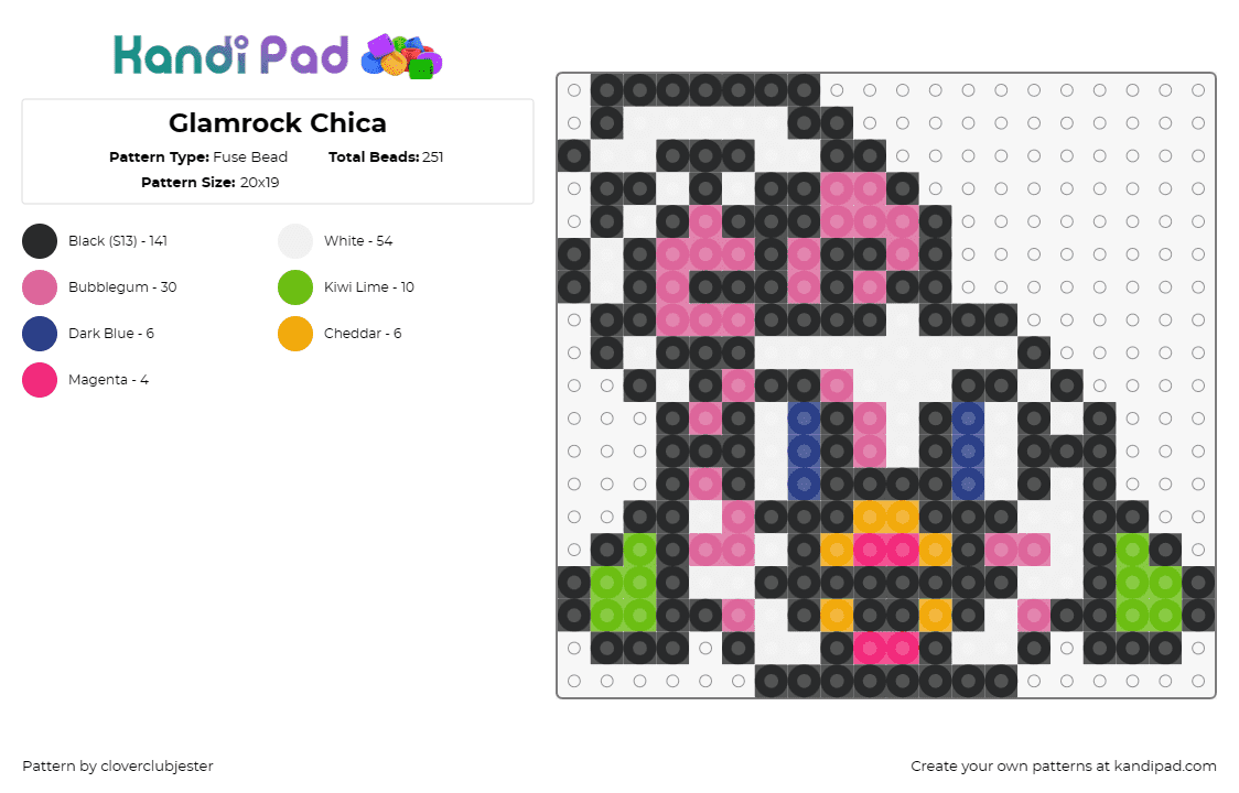 Glamrock Chica - Fuse Bead Pattern by cloverclubjester on Kandi Pad - chica,glamrock,fnaf,five nights at freddys,video game,character,horror,white,pin