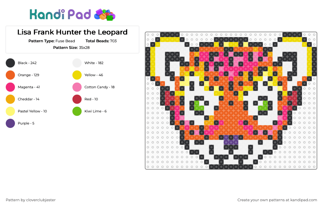 Lisa Frank Hunter the Leopard - Fuse Bead Pattern by cloverclubjester on Kandi Pad - white,pink,orange,yellow