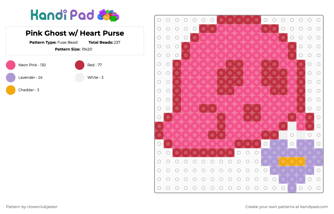 Pink Ghost w/ Heart Purse - Fuse Bead Pattern by cloverclubjester on Kandi Pad - red,pink