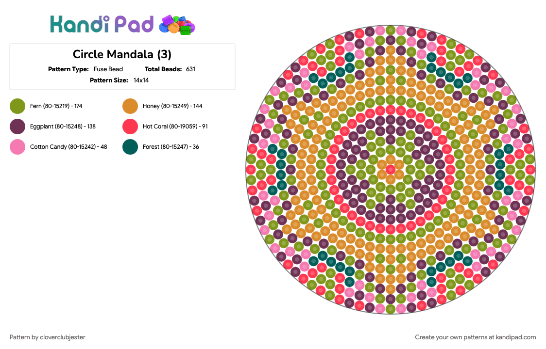 Circle Mandala (3) - Fuse Bead Pattern by cloverclubjester on Kandi Pad - gold, orange, pink