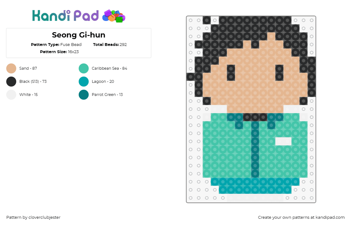 Seong Gi-hun - Fuse Bead Pattern by cloverclubjester on Kandi Pad - swing gi hun,squid game,character,tv show,weeble wobble,chibi,teal,tan