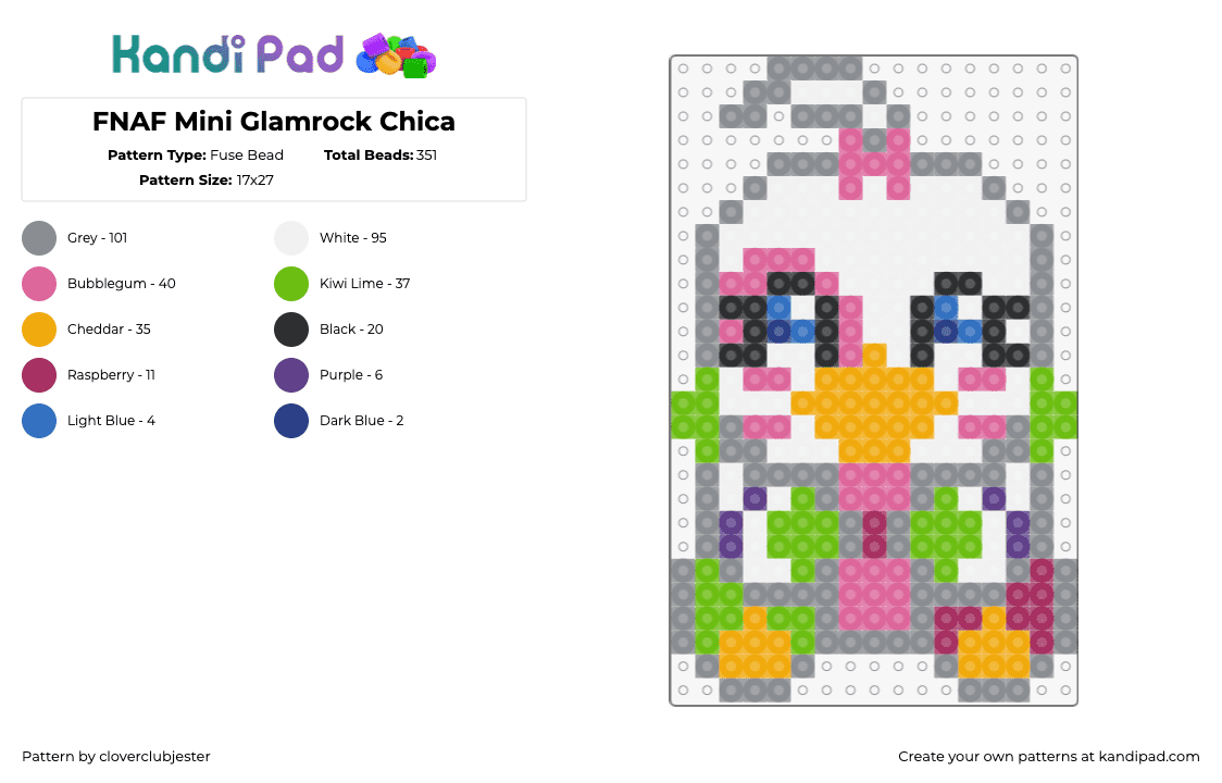 FNAF Mini Glamrock Chica - Fuse Bead Pattern by cloverclubjester on Kandi Pad - chica,glamrock,fnaf,five nights at freddys,video game,cute,horror,white,pink,gre