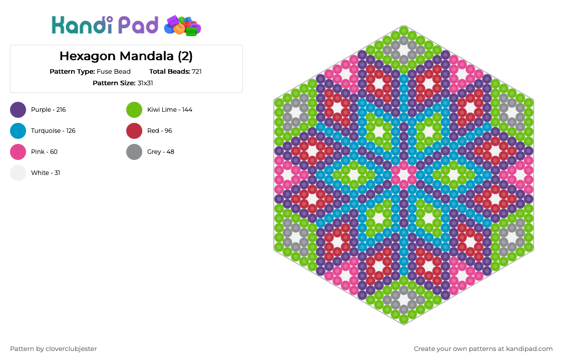 Hexagon Mandala (2) - Fuse Bead Pattern by cloverclubjester on Kandi Pad - purple,light blue,green