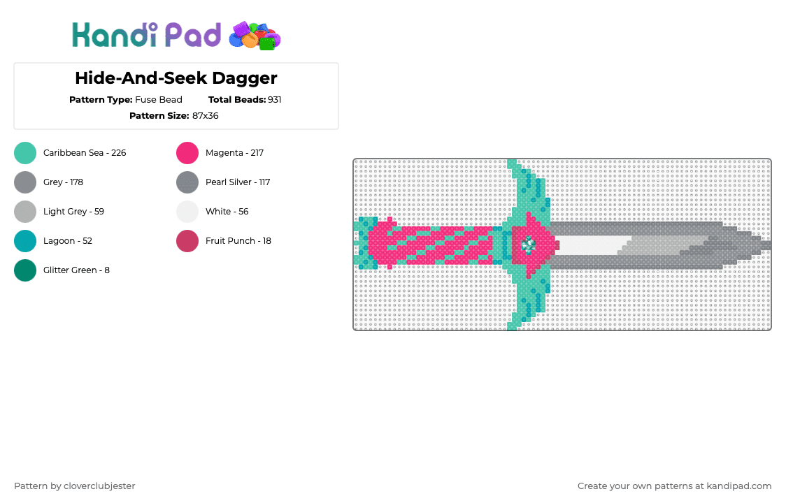 Hide-And-Seek Dagger - Fuse Bead Pattern by cloverclubjester on Kandi Pad - teal,pink,gray