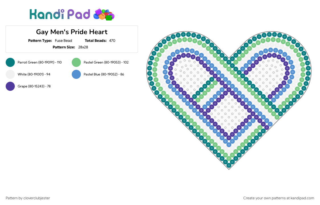 Gay Men\'s Pride Heart - Fuse Bead Pattern by cloverclubjester on Kandi Pad - teal