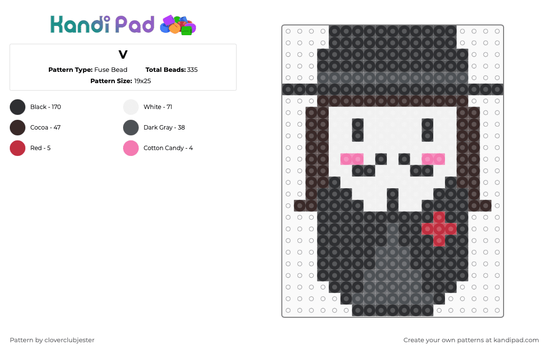 V - Fuse Bead Pattern by cloverclubjester on Kandi Pad - v for vendetta,black,gray,brown