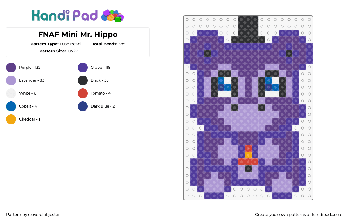 FNAF Mini Mr. Hippo - Fuse Bead Pattern by cloverclubjester on Kandi Pad - mr hippo,fnaf,five nights at freddys,cute,teddy,video game,character,horror,purple