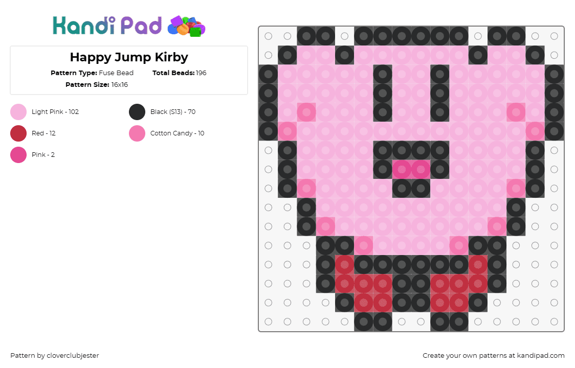 Happy Jump Kirby - Fuse Bead Pattern by cloverclubjester on Kandi Pad - kirby,jump,nintendo,happy,smile,video game,character,cute,pink