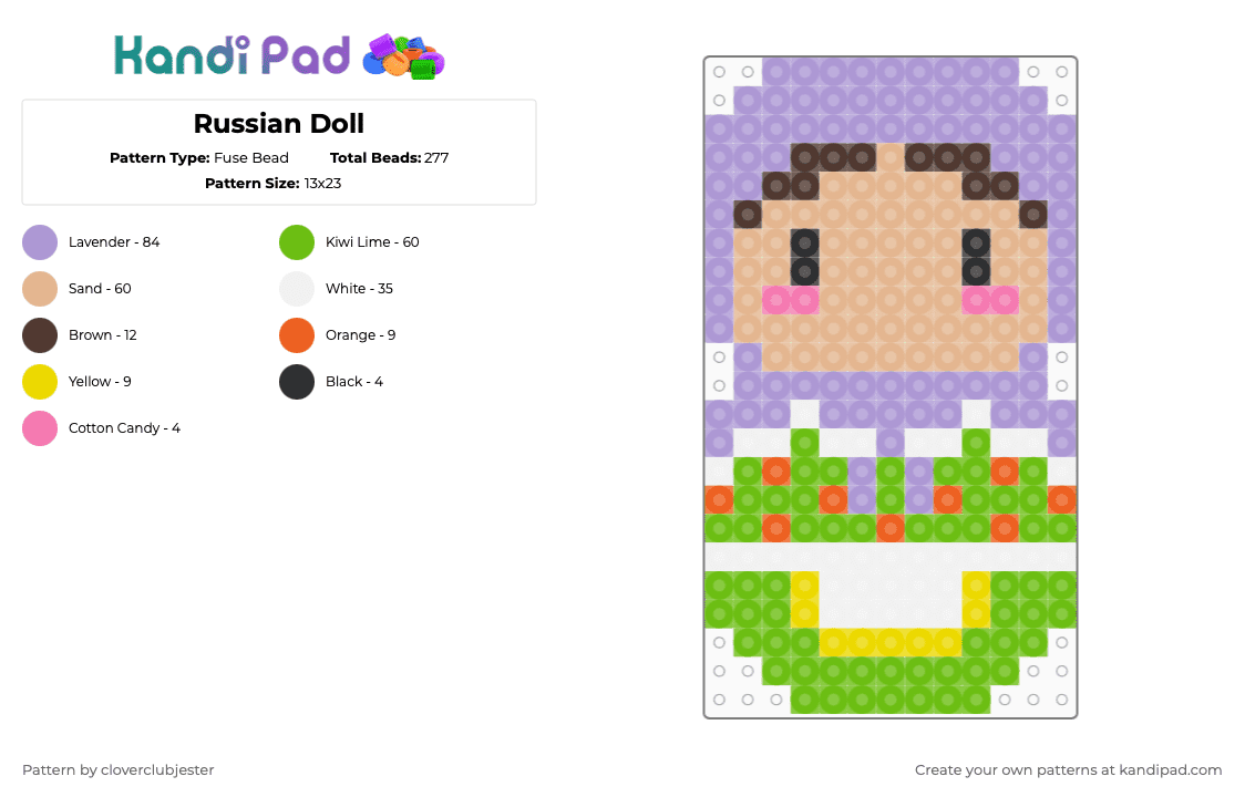 Russian Doll - Fuse Bead Pattern by cloverclubjester on Kandi Pad - beige, green, pink